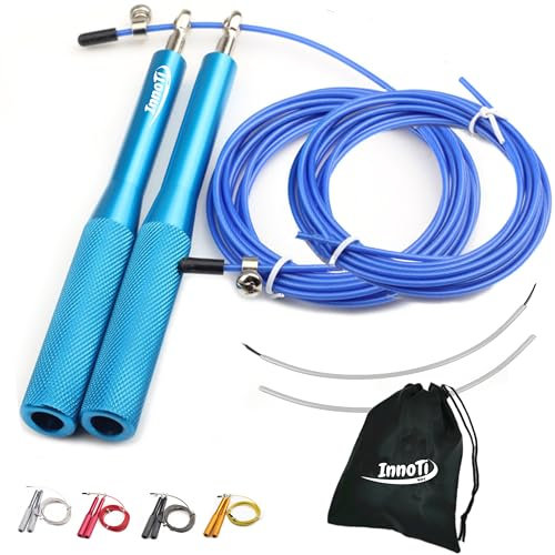 InnoTi Comba de Crosstraining para Hombre y Mujer - Cuerda de Saltar de Alta Velocidad para Boxeo y Fitness - Comba de Alumino Ligera Saltos Dobles- Ajustable y con Cable Extra de Repuesto (Azul)