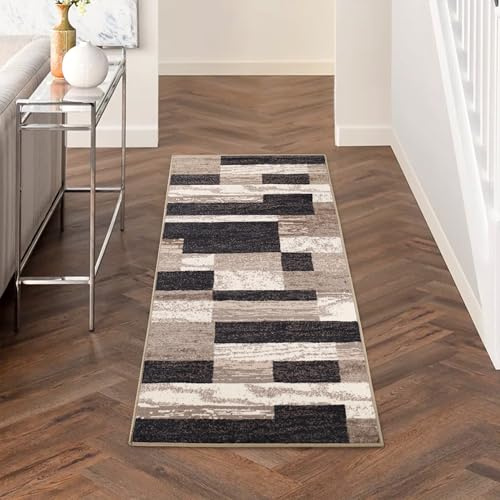 Superior Indoor Runner Rug, Foam Backed, Modern Geometric Patchwork Floor Decor for Bedroom, Office, Living Room, Entryway, Hardwood Floors, Rockwood Collection, 2' 7 x 6', Chocolate