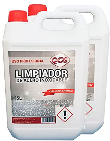 QOS Limpiador de acero inoxidable para limpiar, abrillantar y proteger. Caja 2 garrafas de 5 litros