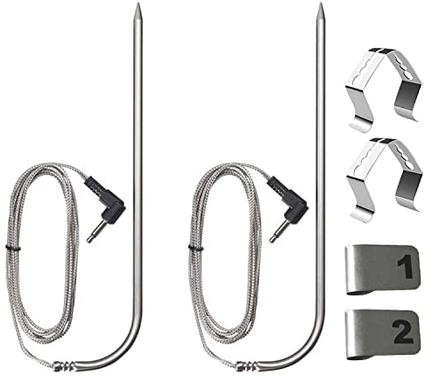 2 Pieces Replacement Meat Probe for Pit Boss Pellet Grill Smoker Parts, 3.5mm Plug Thermometer Probe, Replacement Temperature Probe with 2 Stainless Steel Probe Clip Holders and 4 Numbered Labels