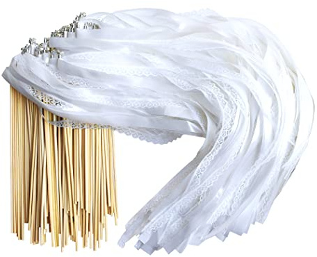 Kingsnow 100 Pieces Lace Wedding Ribbon Wands with Triple Ribbon and Silver Bell Wand Silk Fairy Stick Wand Streamers Party Ribbon Sticks Magic Fairy Wands for Wedding Bridal Shower Photo Prop Send