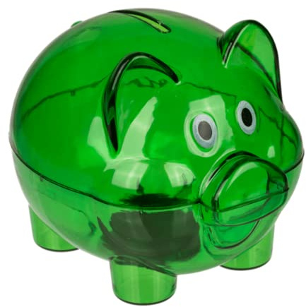 Hucha Cerdito de plástico Transparente. Huchas Originales tamaño PEQUEÑO (10 x 8 x 8 cm) Infantiles con tapón. Hucha Ligera y Resistente. (Verde)