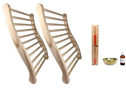 SudoreWell® Sauna Infrarotkabinen Zubehör Set Classic mit 2 x Sauna Rückenlehne ergonomisch geformt + Sauna Sanduhr Exclusiv 30 min. und kleine Duftschale mit 50 ml Duft Eukalyptus