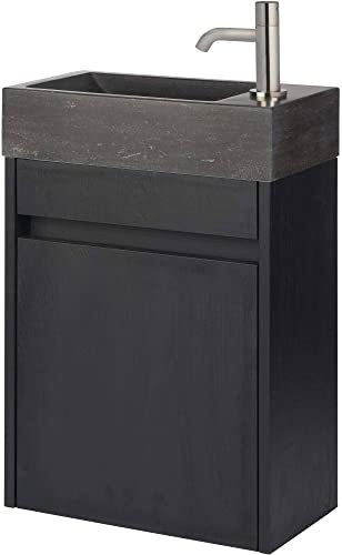 Saqu Florence Gäste WC Waschbecken mit Unterschrank Vormontiert - in Schwarz-Eiche mit Naturstein-Waschbecken und gebürstetem Nickelhahn rechts - Kleines Gäste WC Bad Möbel mit Waschtisch