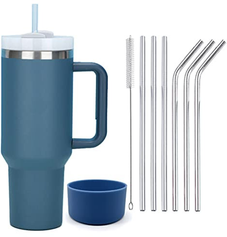 Moollyfox 1200 ml Doppelwandiger Edelstahl Vakuum Isolierbecher mit Griff Upgrade Kaffeetasse Becher 40 oz Reisebecher Autobecher Thermobecher mit Strohhalm aus Edelstahl und Silikonabdeckung Marine