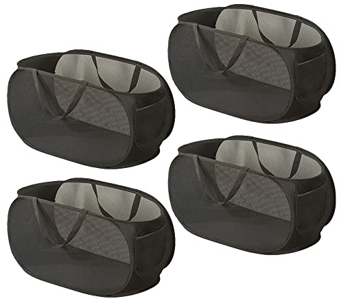 Rubruan 4 Piece Popup Mesh Laundry Basket Durable Handles Collapsible Laundry Baskets Folding Clothes Pastic Hamper for Laundry Room College Dorm (Black)