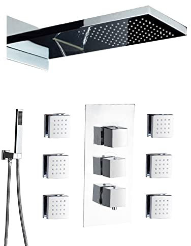 KANBUN-Duschsystem, thermostatisches Unterputz-Dusch-Kombi-Set, verchromtes Dusch-Mischbatterie-Set mit 6 Körperbrause mit Messing-Handbrause und 55 × 22 cm Wasserfall-Regenduschkopf
