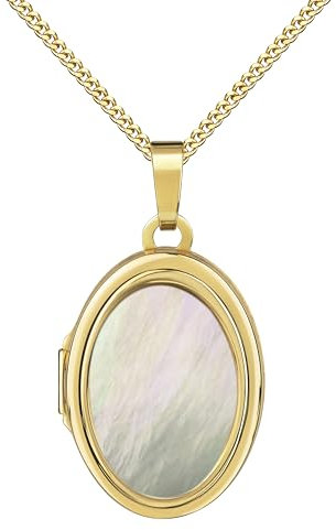 JEVELION Goldmedaillon Medaillon 585 Gold Anhänger 14 Karat für 2 Bilder mit Perlmutt-Einlage Bild Amulett oval zum Öffnen für Damen mit Halskette und Schmuck-Etui Mit Kette - Kettenlänge 45 cm.