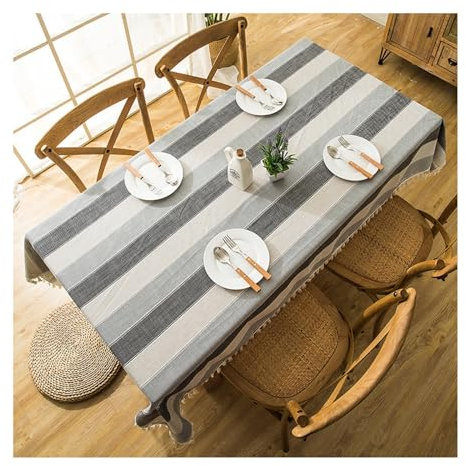 KnSam Tischdecken 120x120CM, Streifen mit Spitze Tischtuch Polyester Tischdecke für Biertisch Pflegeleicht Mitteldecke für das ganze Jahr, Grau Weiß+Quaste