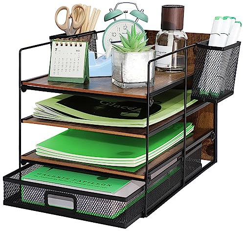 IOUGDSEC Schreibtisch-Organizer mit 4 Etagen, A4, aus Holz und Metall, Schreibtisch-Organizer mit 2 Stifthaltern, Netzstoff, Schreibtischbedarf, Organizer, Dokumenten-Briefablage mit Schublade für