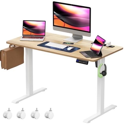 Yornoli Höhenverstellbarer Schreibtisch 120x60cm mit Rollen, Schreibtisch Höhenverstellbar Elektrisch Tischplatte als EIN ganzes Stück mit Steckdosen, Standing Desk mit Anti-Kollisions Technologie