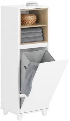SoBuy Badezimmerschrank mit Wäschekorb für Badezimmer, 35x105x30 cm Weiß | Schmaler Wäscheschrank mit ausklappbarem Wäschesack & 2 offenen Fächern – Badmöbel aus Holz, BZR146-W