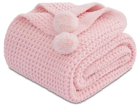 Cyusri Waffeldecke mit Bommeln, ultraweich, warm, flauschig, leicht, Waffelmuster, Jacquard-Muster, für alle Jahreszeiten, Heimdekoration für Couch, Sofa, Bett, 129,5 x 160 cm, Rosa