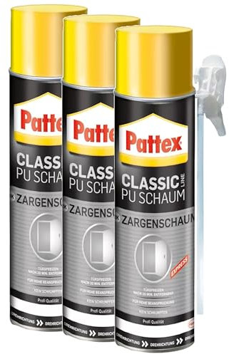 Pattex Classic PU-Zargenschaum, PU-Schaum mit höchster Formstabilität und für höchste Belastung, zum füllen und dämmen, 3x400ml