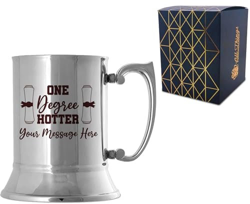 Personalised Engraved Graduation Steel Tankard with 'One Degree Hotter' Design, Personalise with Any Name or Message, Gift Box Included, Laser Engraved, University College Graduation Gift