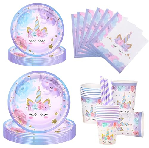 Aitsite Einhorn Partygeschirr Set - 100 Stück Einhorn Partyteller, Geburtstag für 20 Gäste, Kindergeburtstag Teller, Becher, Servietten (Lila)