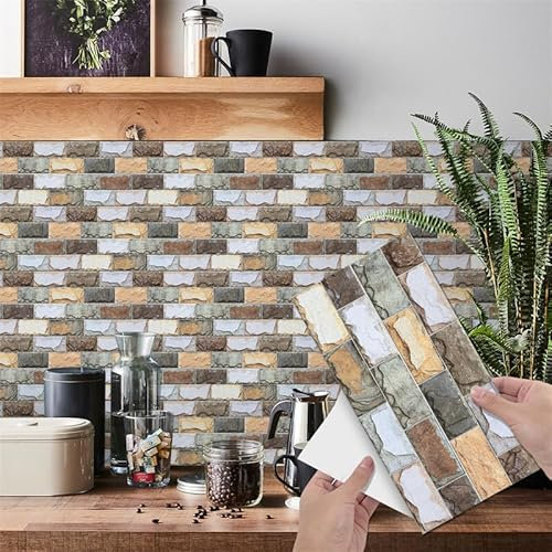 Fliesenaufkleber Grün Braun Küchenrückwand Folie 3d Fliesenaufkleber Bad PVC Klebefliesen Wasserdicht Selbstklebende Fliesen Leicht zu Schrubben Klebefliesen Boden7 PC(14x28cm)