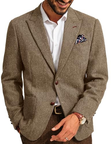 PJ PAUL JONES Mens Sport Coats and Blazers British Wool Blend Sport Coat Tweed Herringbone Blazer for Wedding L Coffee