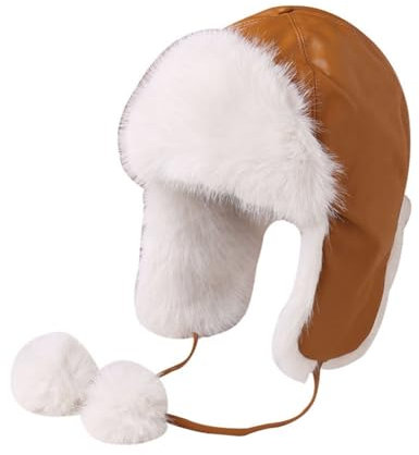 Wisafory Damen Fliegermütze Leder Fellmütze Winddicht Warm Wintermütze Trappermütze mit Pompons Schnürung Skimütze Bombermütze Kunstpelz Hut Aviatormütze für Outdoor Aktivitäten Braun