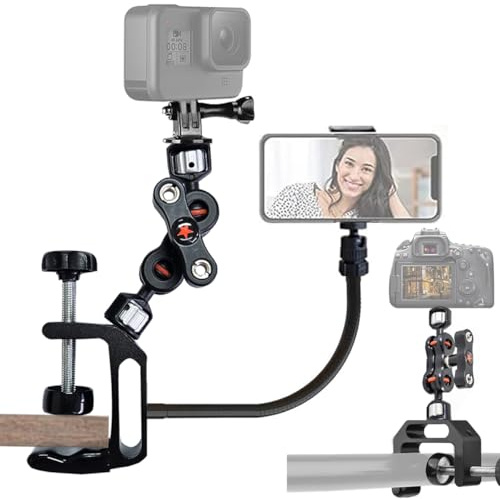 Tentucro Kamera Klemme Mount Telefon Halter, Desktop/Pole Monitor Klemme Mount mit 1/4 & 3/8 Gewinde, Dual Kugelkopf Magic Arm Schwanenhals Arm für DLSR Kamera/Handy/Gopro/Webcam/LED Lichter, etc.