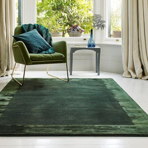 Lord of Rugs Ascot Rug for Living Room Bedroom Soft Wool Plain Hand Woven High Shine Viscose Bordered Rug Green Large 160x230 cm (5'3x7'7)