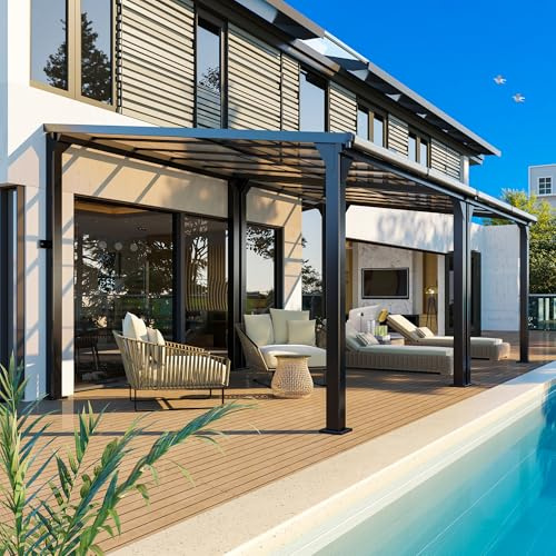 Patiopia 10 * 20FT Pergola,4 * 7 Inch Thickened Pillars & Enlarged Base,Outdoor Hardtop Lean to Gazebo,Wall Mounted Pergola,Pergolas Gazebos Clearance,Aluminum Frame Pergola,UV Resistant Patio Roof