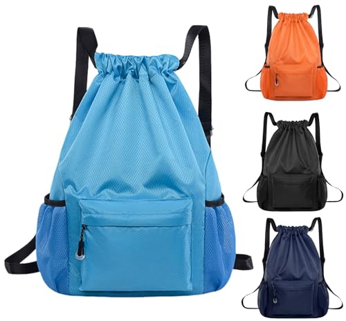BAOWUABJ Drawstring Bags, String Backpack, Large Waterproof Sports Backpack for Kids Adults, Unisex, Swim PE Bags Drawstring Gym Bags Sports Backpacks Swimming Bags for School Travel Workout (Blue)