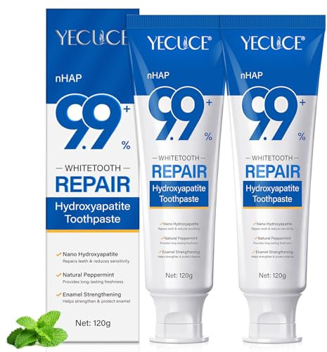 2PCS 9.9% Hydroxyapatite Toothpaste for Enamel Repair and Tooth Strengthening, Nano Hydroxyapatite Remineralizing Toothpaste, Fluoride Free Gentle Whitening Tooth Paste for Sensitive Teeth, Fresh Mint