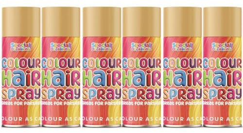6 Pack x 200ml Rapide Special Occasions Temporary Gold Colour Hair Spray Wash Out Party Fancy Dress Up, with Finger Protector