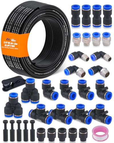 EilxMag 3/8 Air Line Tubing Kit, 32.8FT(10M) SAE J844 PA Nylon Air Hose Tubing with Cutter and Teflon Tape, 3/8 Air Hose with Push to Connect Fittings for Air Brake System Or Fluid Transfer(35PCS)