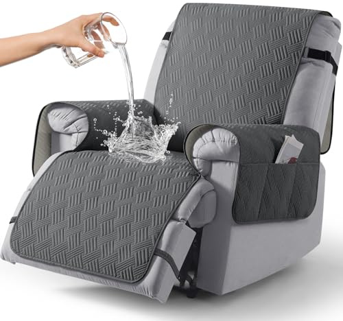 KinCam Wasserdichter sesselschoner für Fernsehsessel, relaxsessel mit Tasche elastischen Bändern, Anti-Rutsch sesselbezug weich waschbar sesselüberwurf 1 Sitzer für Kinder, Haustiere Anthrazitgrau