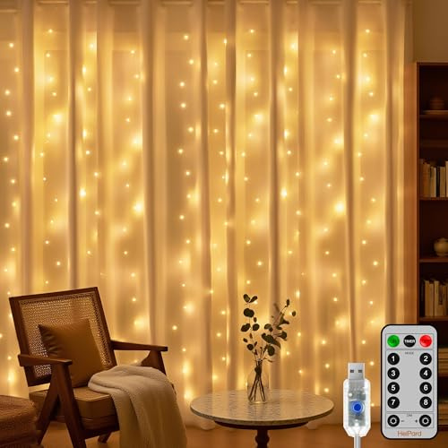 HeiPard Tenda Luminosa Natale Interno 3mx3m, 300 LED Tenda Luci Natale con 8 Modalità, Dimmer Impermeabile USB Luci Tenda Esterno Cascata per Camera da Letto, Giardino, Festa, Matrimonio(Bianco Caldo)