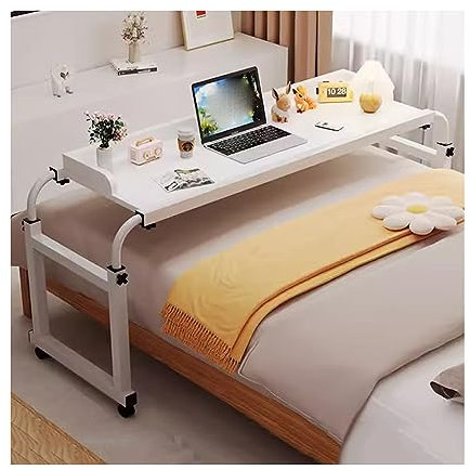 Verstellbarer Betttisch mit Rollen, multifunktionaler Betttisch für Arbeit und Essen, höhenverstellbarer Laptop-Ständer für Schlafzimmer, Wohnzimmer, Büro (140 x 45 x 65-95 cm, Weiß)