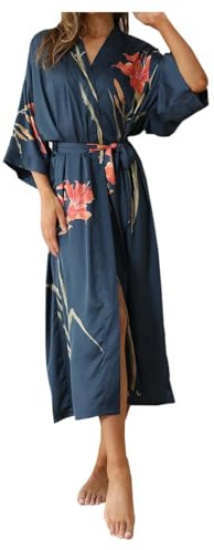 Generisch Kimono de seda de lujo de satén con estampado floral para mujer, sensación fresca, manga 3/4, bata de baño, bata de noche cálida, azul oscuro, Talla única