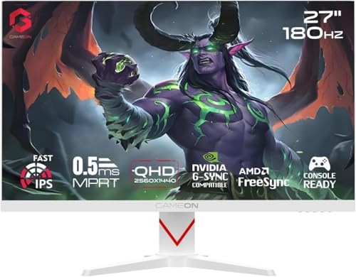 GAMEON Dominator Series 27” Fast IPS Gaming Monitor – QHD 2560x1440, 180Hz Overclocked, 0.5ms MPRT, HDR400, FreeSync & G-Sync Compatible, HDMI 2.1 & DP 1.4,Console compatible GOAD27QHD180IPS - White