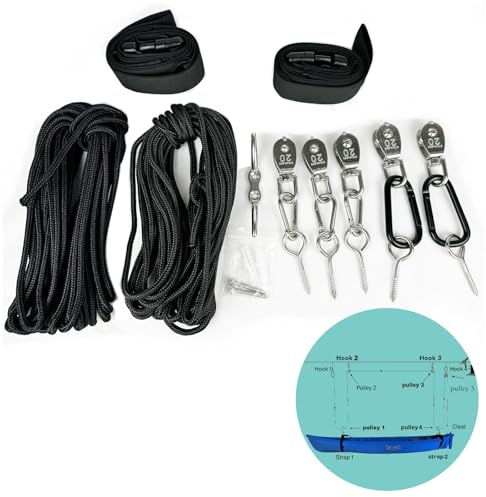 Heavy Rope Hoist Stainless Steel Pulley System with Storage Straps for Kayak Hanger Cargo Ceiling Storage Overhead Storage Watercraft Garage Storage Kayak Wall Hanging Sling Rope Tightening System