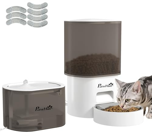 PawHut Futterautomat Katze und Katzenbrunnen, 3L Futterspender, 2,5L Wasserspender mit 10 Mahlzeiten pro Tag, USB-Aufladung, 7 Filter, Katzenfutterspender Trinkbrunnen für Katzen Hunde Weiß