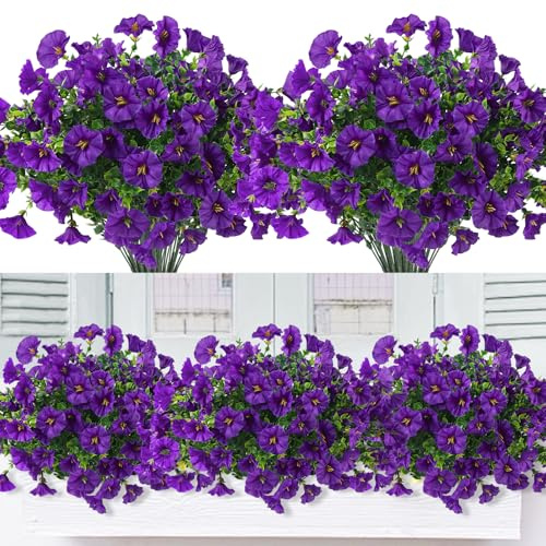 XIMISHOP 8 Bündel Künstliche Blumen,Kunstblumen Pflanzgefäß UV-beständig Balkonpflanzen Plastik Blumen Dekoration Für Innen Outdoor Balkon Garten(Violett)