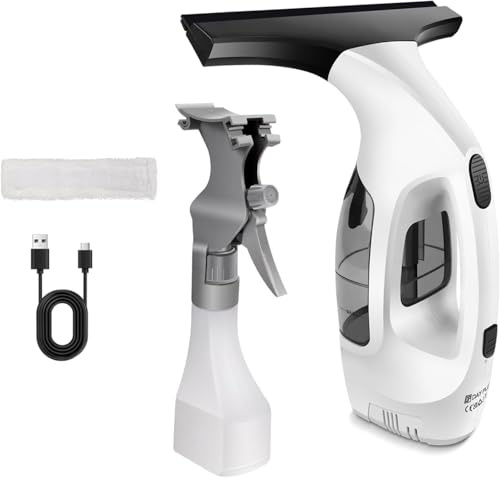 Window Vac Cleaner IPX4, Handheld Cordless Window Squeegee Vacuum with Rechargeable Power Kit, Microfiber Cloth and Spray Bottle, 850g Lightweight, Spray Bottle (Black-White)