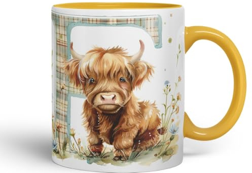 Vixar Highland Cow Alphabet Monogram Coloured Ceramic Cup Mug – Letter F – Rustic Farmhouse Animal Letter Gift – 11oz (Gold Yellow)