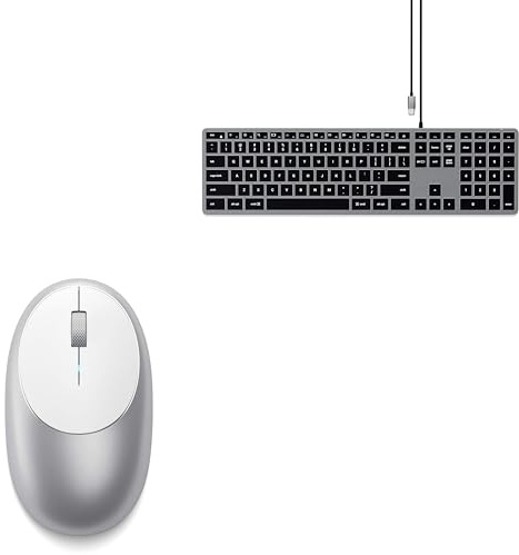 SATECHI Bundle Ratón M1 Bluetooth Inalámbrico Recargable USB-C 1200 dpi y Teclado Slim W3 con Cable Retroiluminado y Keypad Numérico (QWERTY US Gris Espacial)