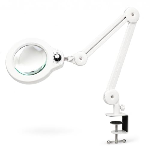 Beyamz LED Lupenleuchte mit großer Linse und Interner Federarm BM5 | 125 mm 5-Dioptrien-Glas, Eingebauter Federarm, Stahlklemme, Dimmbares Arbeitslichtsystem, Ideal für lange Detailarbeiten