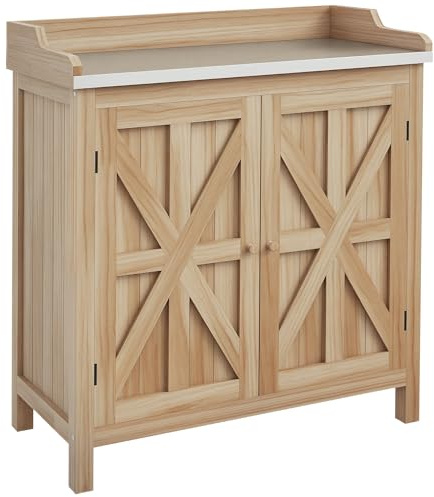 Outsunny Table de rempotage avec Plateau Galvanisé, Armoire de Rangement | Jardin, Extérieur, Bois de Sapin, 2 Étagères, Patins Antidérapants