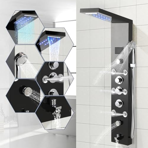 Hebitod Duschpanel med LCD-temperaturdisplay, 6 vattenfunktioner, 304 svart titan rostfritt stål duschsystem vattenfall, regndusch, massagedusch handdusch badinlopp