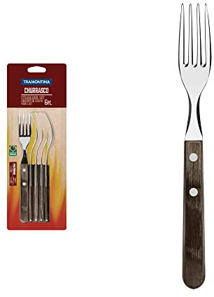 TRAMONTINA - Juego de Tenedores de Mesa Churrasco, para Asado, en Acero Inoxidable y Mangos de Madera Polywood en Color Castaño, Cubiertos con Remaches de Aluminio, 6 Piezas