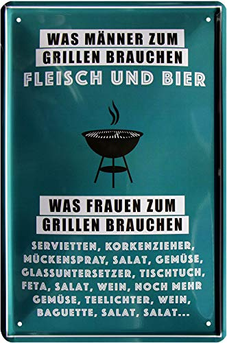 WOGEKA ART Retro Blechschild - Was Männer zum Grillen brauchen: Fleisch Bier - witziger Spruch Geschenk-Idee Geburtstag Weihnachten Dekoration 20x30 cm Vintage-Design Metall 600