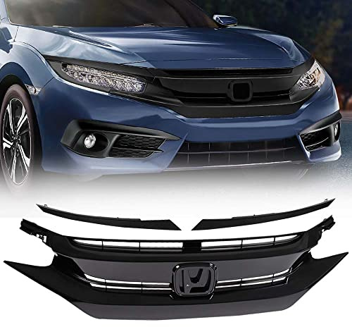 PIT66 Front Bumper Hood Grille Guards + 2Pcs Eye Lid, Compatible with 2016-2018 Honda Civic 10th GEN OE Factory Style ABS Plastic Grill 68431JA00A
