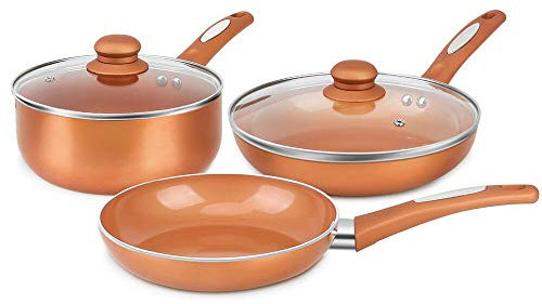 FGY 5-teiliges Kupfertöpfe-Set, Antihaft-Kochgeschirr-Set mit Induktionsboden, 20,3 cm Omelettpfanne, 24,1 cm Bratpfanne mit Deckel, 2 Saucentöpfen mit Glasdeckel, spülmaschinenfest (Kupfer)