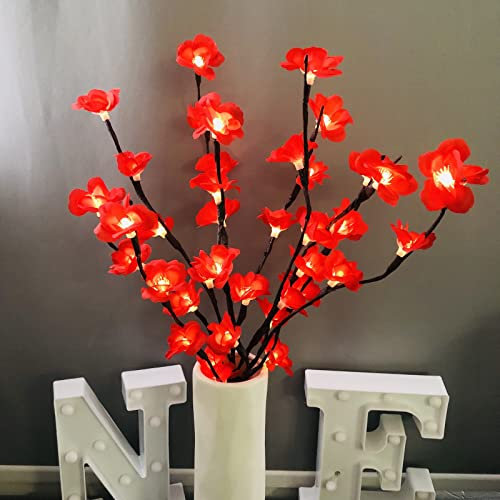 Riaxuebiy 3er Pack 20LED Zweig Lichter Künstliche Blumen Rote Pflaumenblüte Zweig Lichter Flexibles Baumlicht für Home Vase Tisch Weihnachtshochzeit (Rote Pflaumenblüte, 76cm-3pcs)