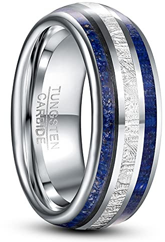 TUNGSTORY 8mm Herren Silber Wolfram Ehering Eingelegt mit Imitation Meteorite und Blue Lapis Lazuli Komfort Fit Größe 70(22.3)